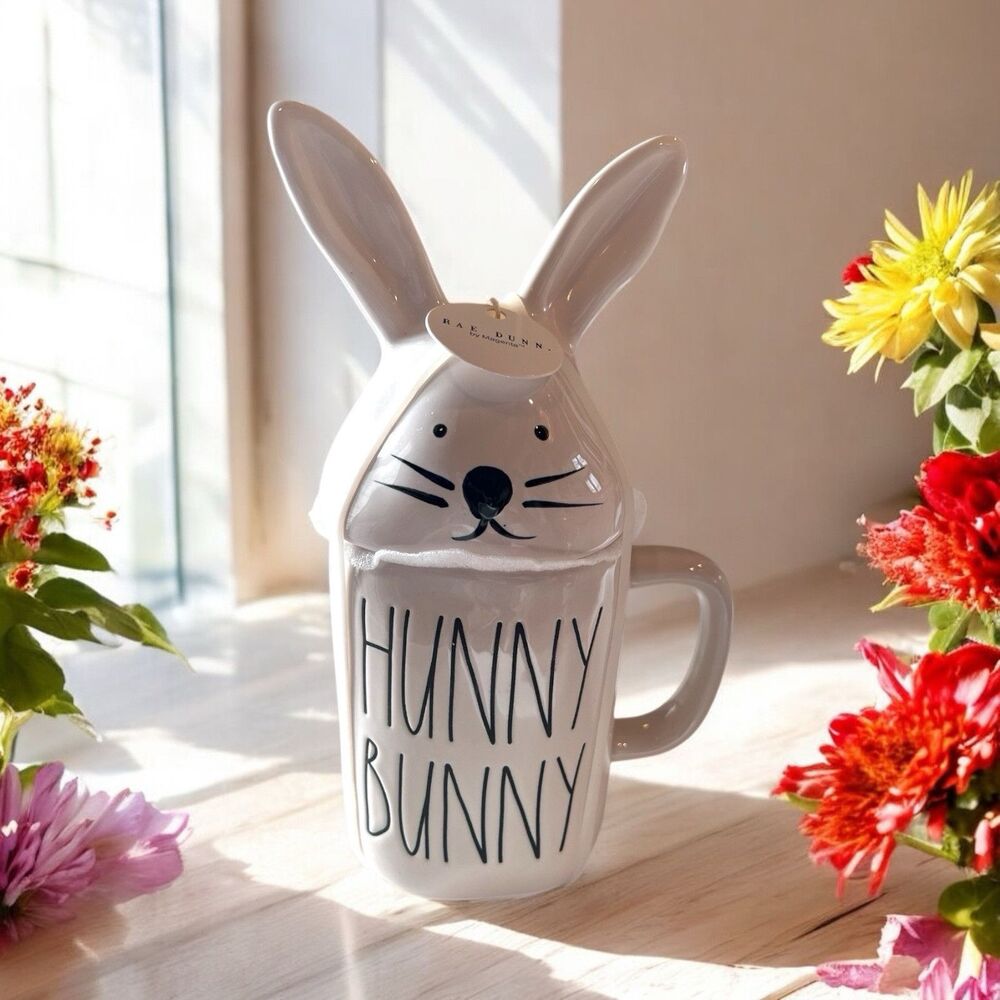 New Rae Dunn by Magenta "Hunny Bunny" WHITE Mug with Bunny Head Topper